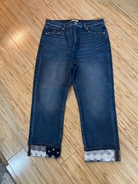 LOFT Dark Blue Cropped Jeans with Patterned Cuffs